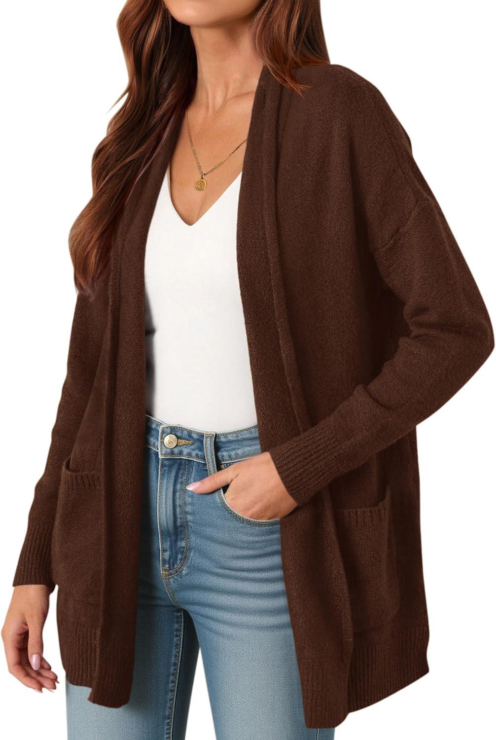 imagePRETTYGARDEN Long Cardigan Sweaters for Women Winter Clothing 2025 Fall Knitted Open Front Cozy Sweater with PocketsBrown