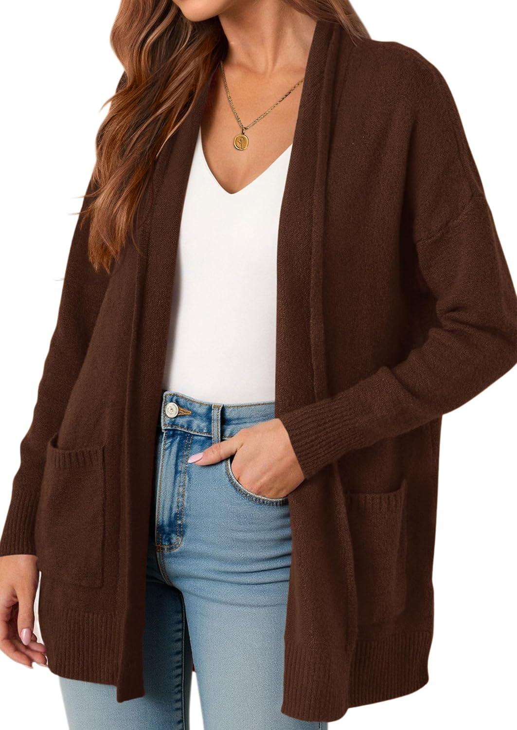 imagePRETTYGARDEN Long Cardigan Sweaters for Women Winter Clothing 2025 Fall Knitted Open Front Cozy Sweater with PocketsBrown