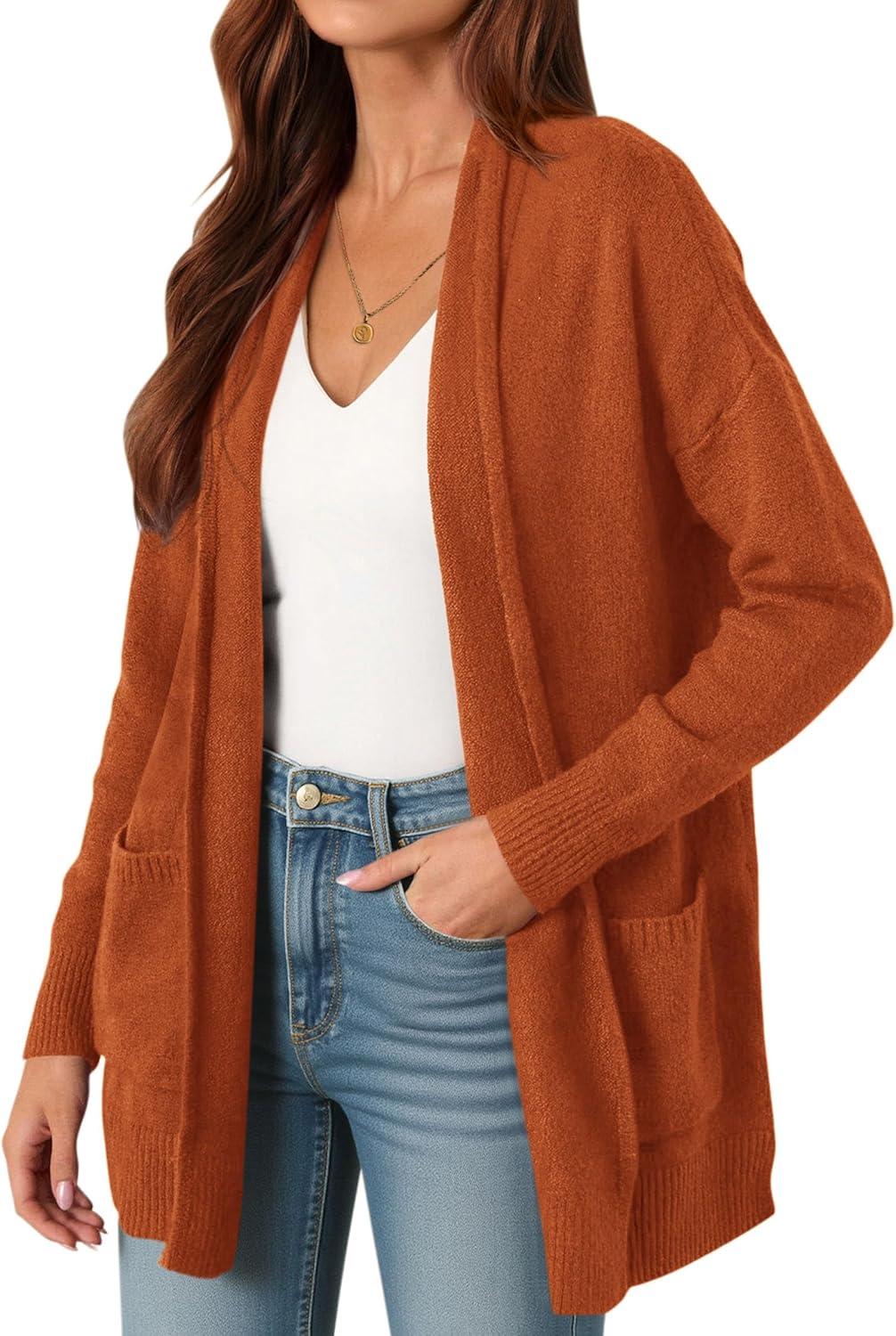 imagePRETTYGARDEN Long Cardigan Sweaters for Women Winter Clothing 2025 Fall Knitted Open Front Cozy Sweater with PocketsOrange