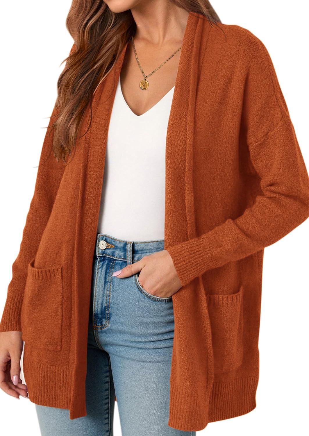 imagePRETTYGARDEN Long Cardigan Sweaters for Women Winter Clothing 2025 Fall Knitted Open Front Cozy Sweater with PocketsOrange