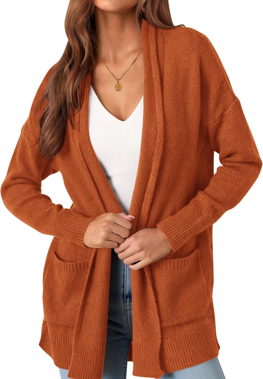 imagePRETTYGARDEN Long Cardigan Sweaters for Women Winter Clothing 2025 Fall Knitted Open Front Cozy Sweater with PocketsOrange
