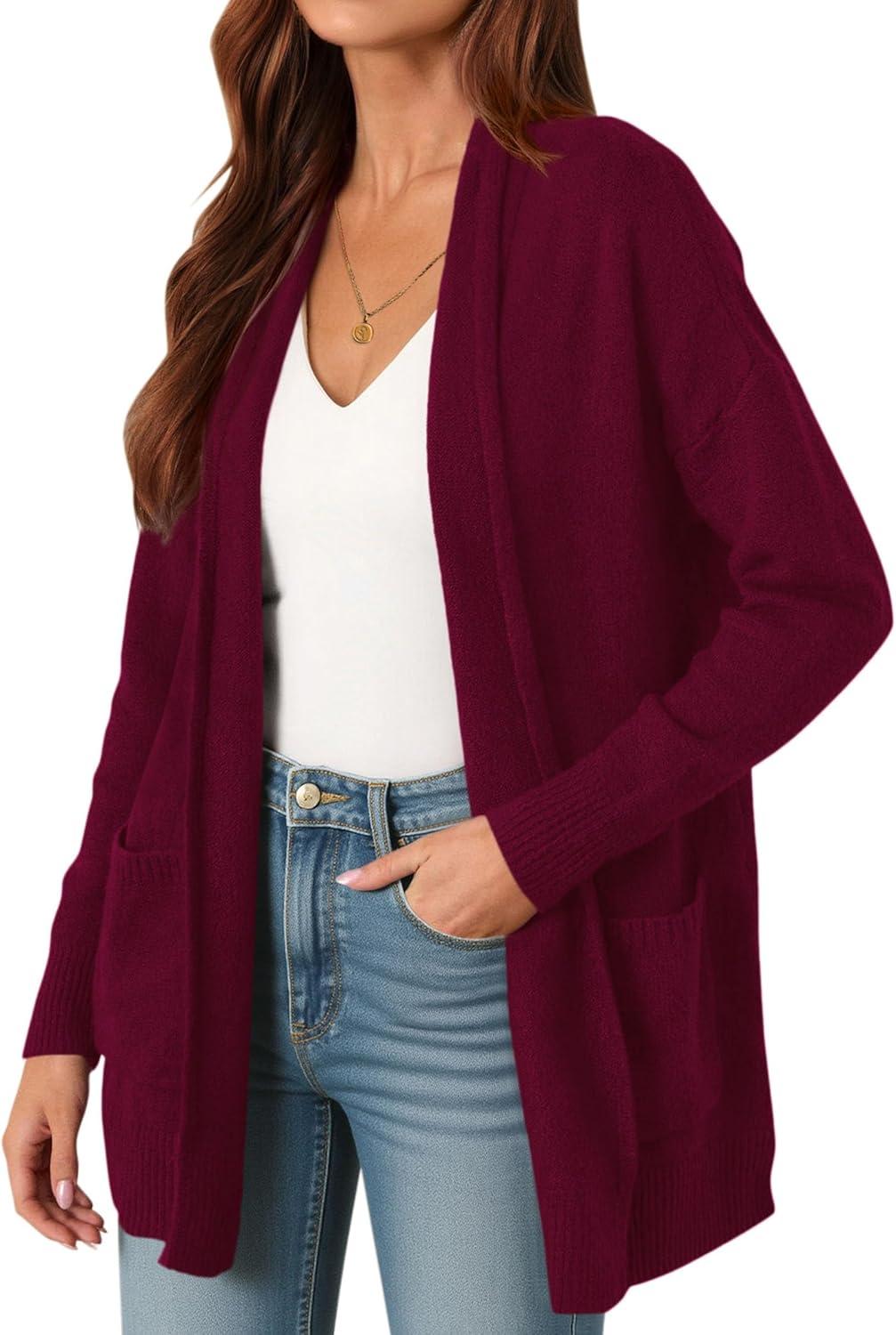 imagePRETTYGARDEN Long Cardigan Sweaters for Women Winter Clothing 2025 Fall Knitted Open Front Cozy Sweater with PocketsWine Red