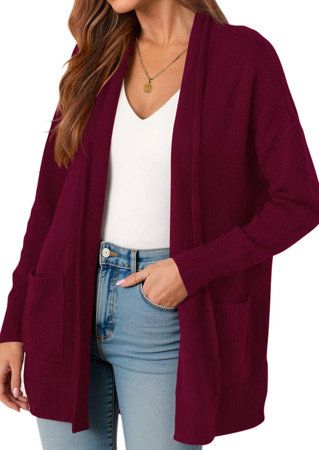 imagePRETTYGARDEN Long Cardigan Sweaters for Women Winter Clothing 2025 Fall Knitted Open Front Cozy Sweater with PocketsWine Red
