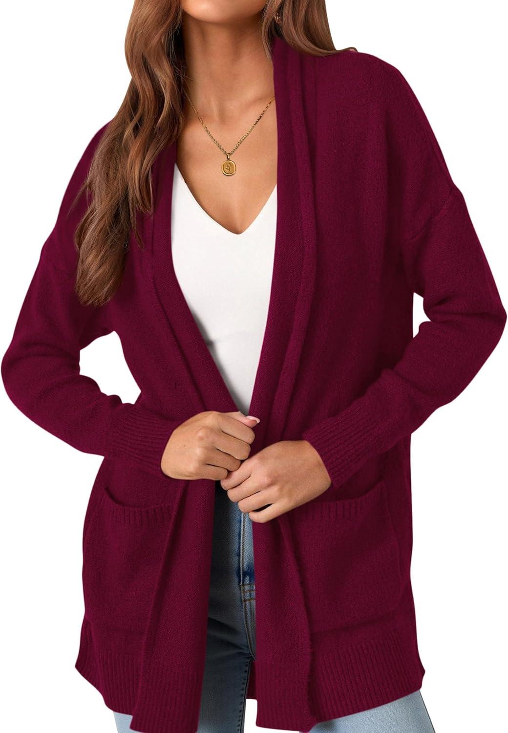imagePRETTYGARDEN Long Cardigan Sweaters for Women Winter Clothing 2025 Fall Knitted Open Front Cozy Sweater with PocketsWine Red