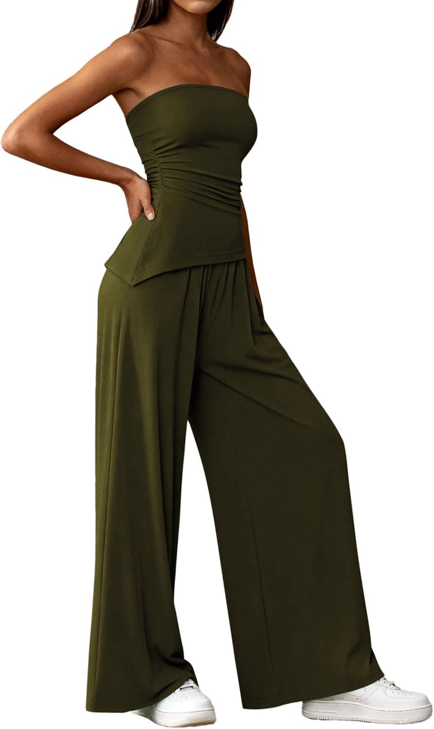 imagePRETTYGARDEN Summer Sets Women 2 Piece Outfits Asymmetrical Tube Tops and Pants Beach Vacation Airport Matching Lounge SetArmy Green