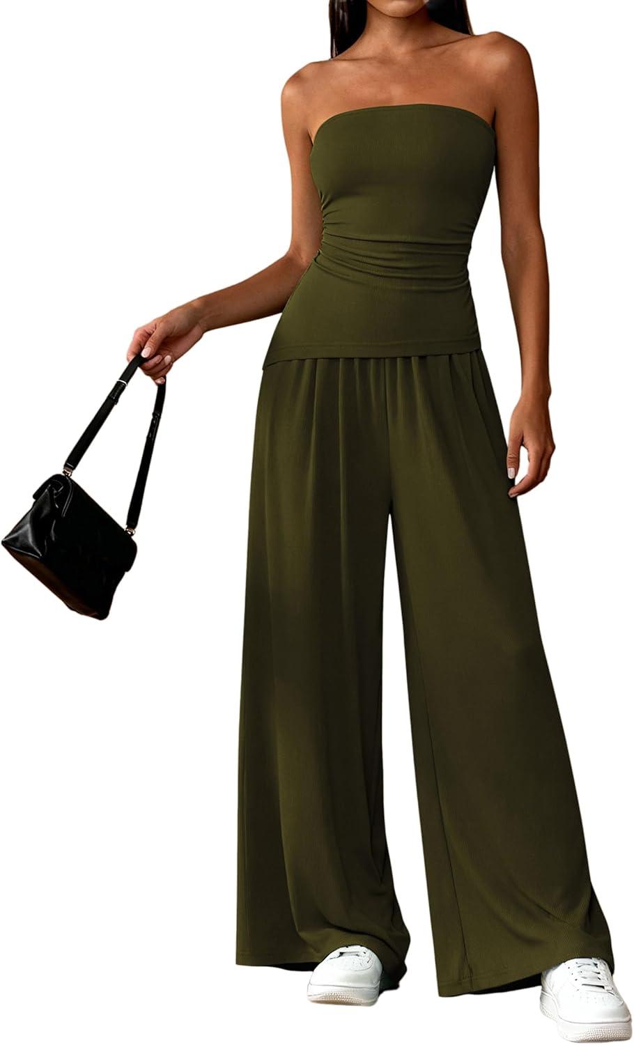 imagePRETTYGARDEN Summer Sets Women 2 Piece Outfits Asymmetrical Tube Tops and Pants Beach Vacation Airport Matching Lounge SetArmy Green