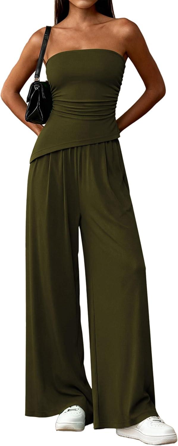 imagePRETTYGARDEN Summer Sets Women 2 Piece Outfits Asymmetrical Tube Tops and Pants Beach Vacation Airport Matching Lounge SetArmy Green