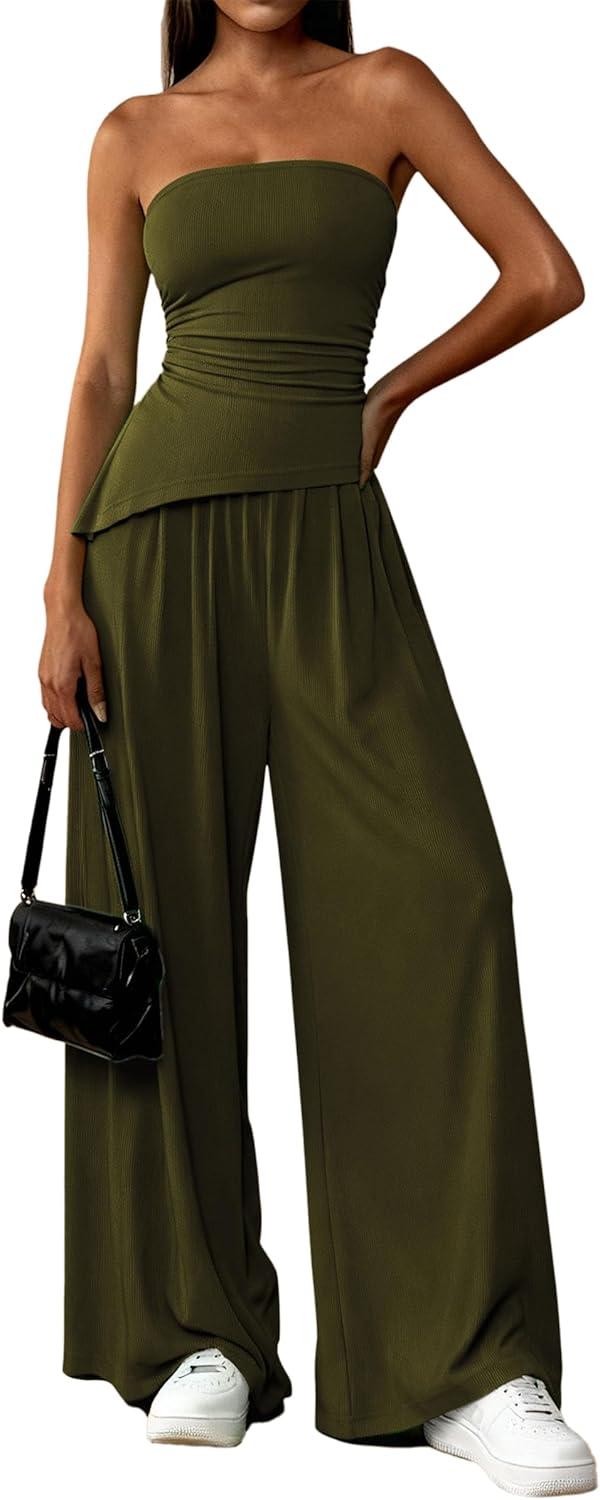 imagePRETTYGARDEN Summer Sets Women 2 Piece Outfits Asymmetrical Tube Tops and Pants Beach Vacation Airport Matching Lounge SetArmy Green