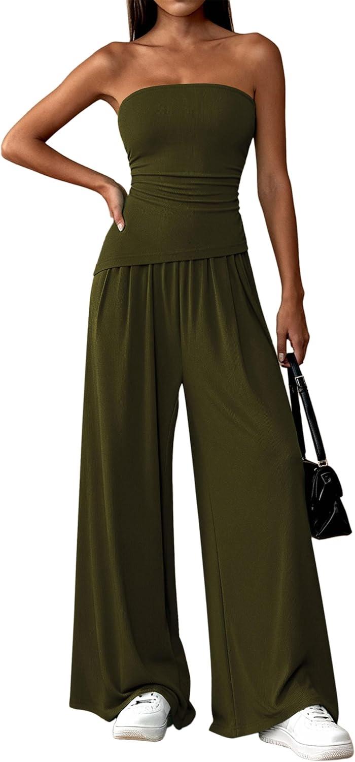 imagePRETTYGARDEN Summer Sets Women 2 Piece Outfits Asymmetrical Tube Tops and Pants Beach Vacation Airport Matching Lounge SetArmy Green
