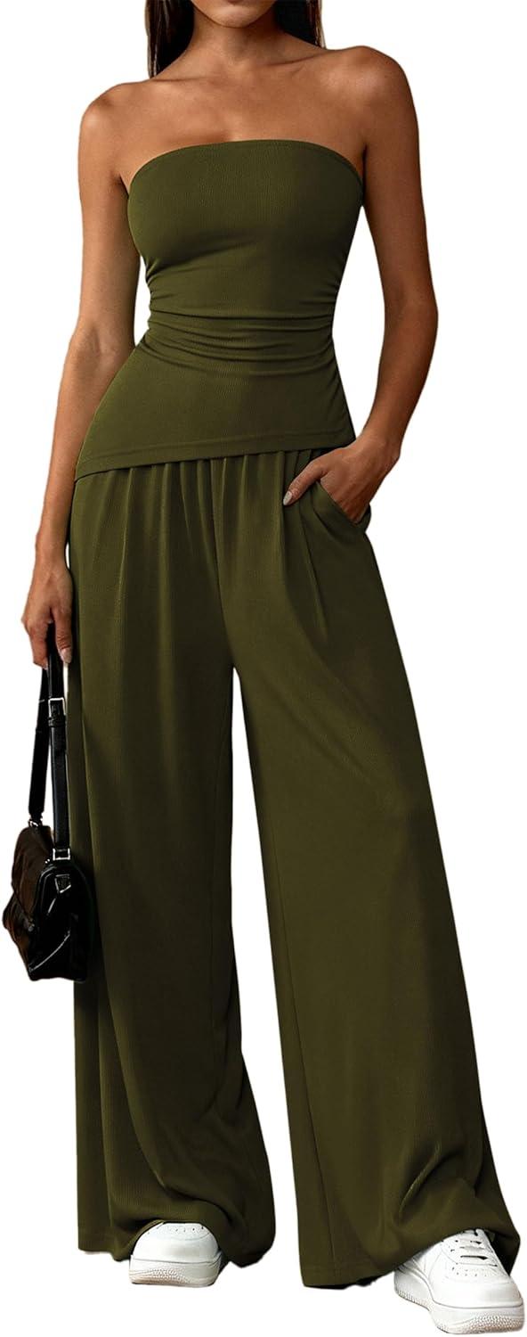 imagePRETTYGARDEN Summer Sets Women 2 Piece Outfits Asymmetrical Tube Tops and Pants Beach Vacation Airport Matching Lounge SetArmy Green