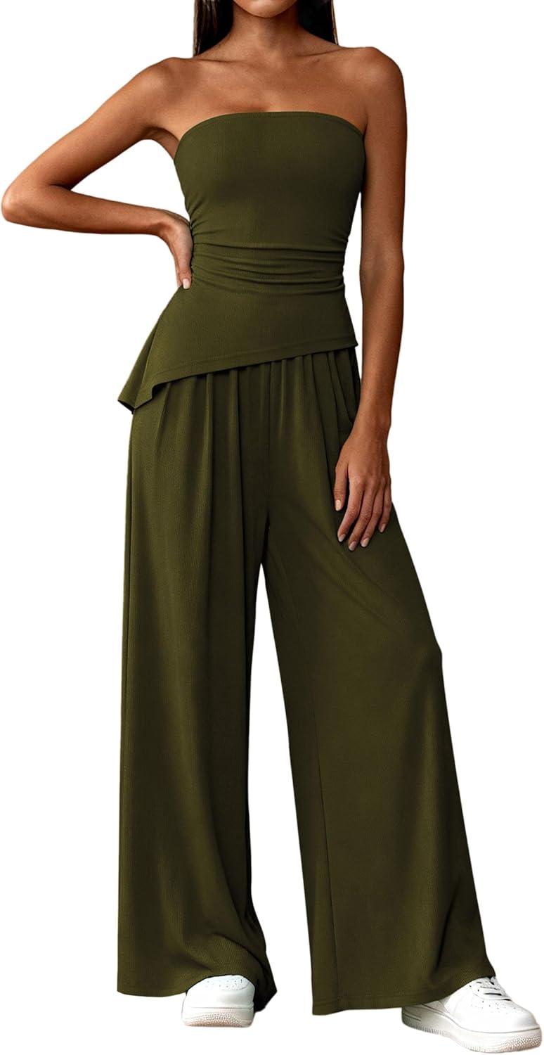imagePRETTYGARDEN Summer Sets Women 2 Piece Outfits Asymmetrical Tube Tops and Pants Beach Vacation Airport Matching Lounge SetArmy Green