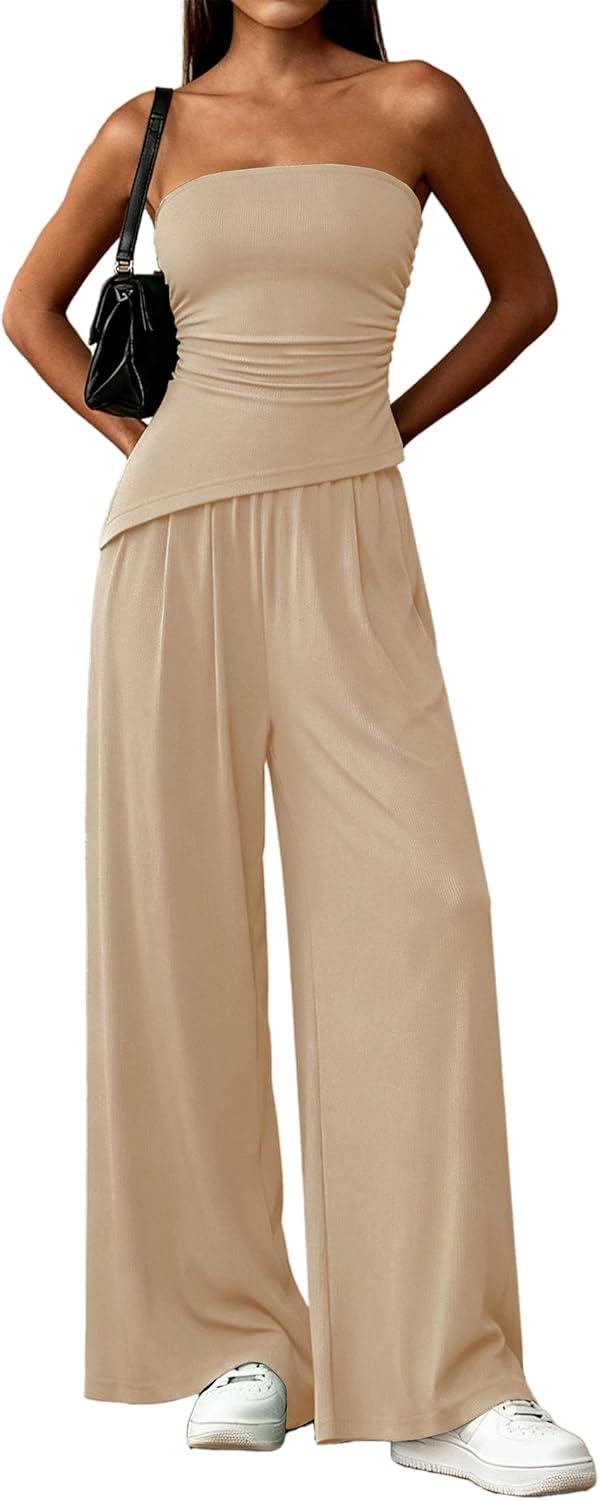 imagePRETTYGARDEN Summer Sets Women 2 Piece Outfits Asymmetrical Tube Tops and Pants Beach Vacation Airport Matching Lounge SetBeige