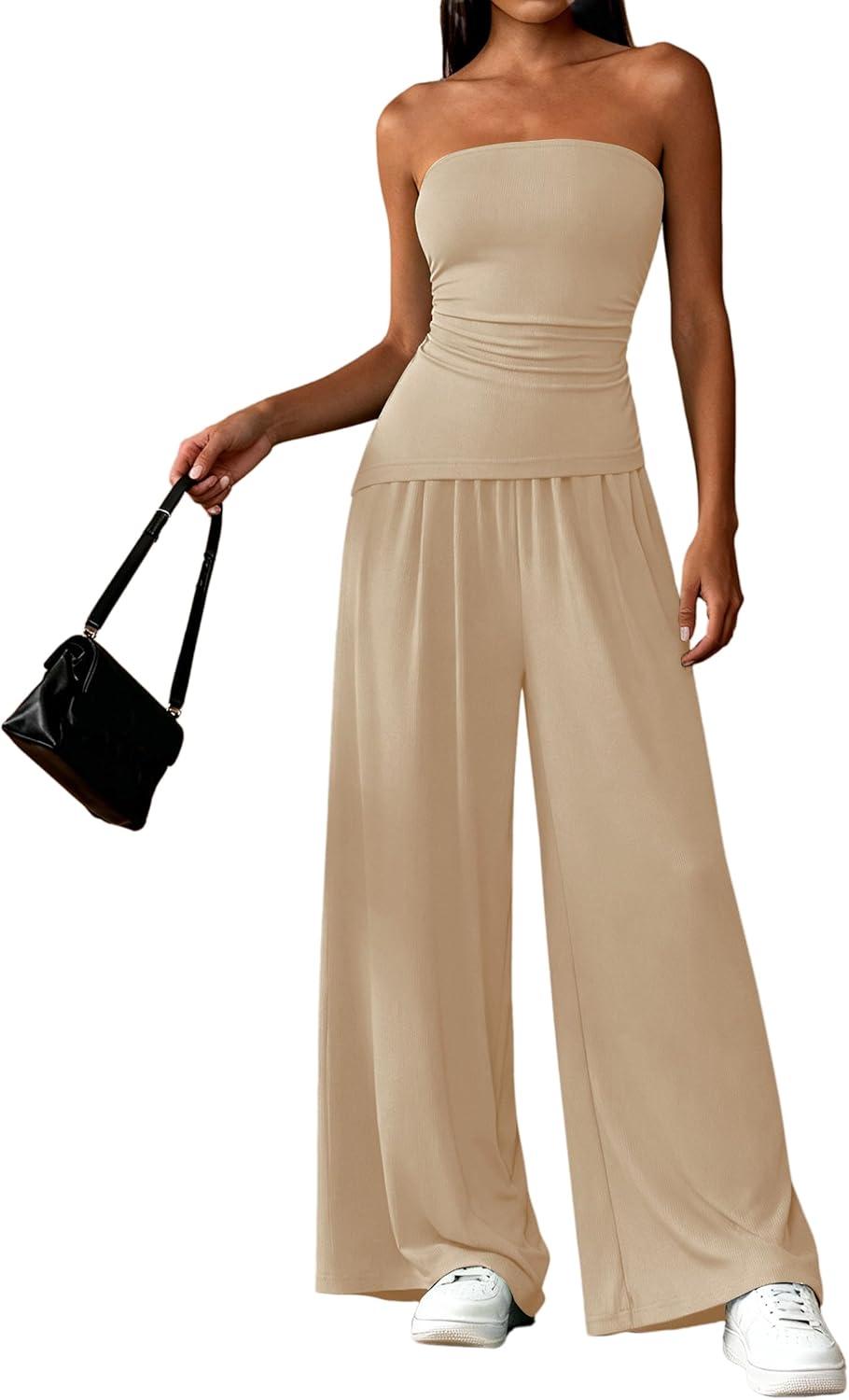 imagePRETTYGARDEN Summer Sets Women 2 Piece Outfits Asymmetrical Tube Tops and Pants Beach Vacation Airport Matching Lounge SetBeige
