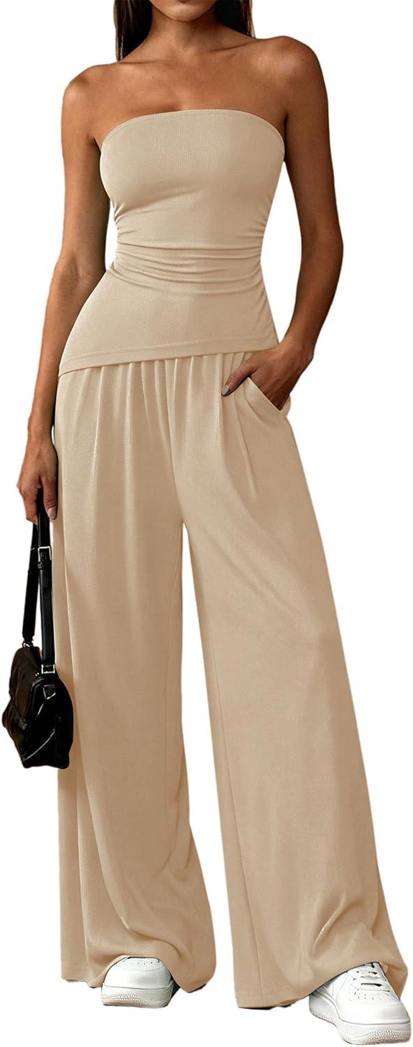 imagePRETTYGARDEN Summer Sets Women 2 Piece Outfits Asymmetrical Tube Tops and Pants Beach Vacation Airport Matching Lounge SetBeige