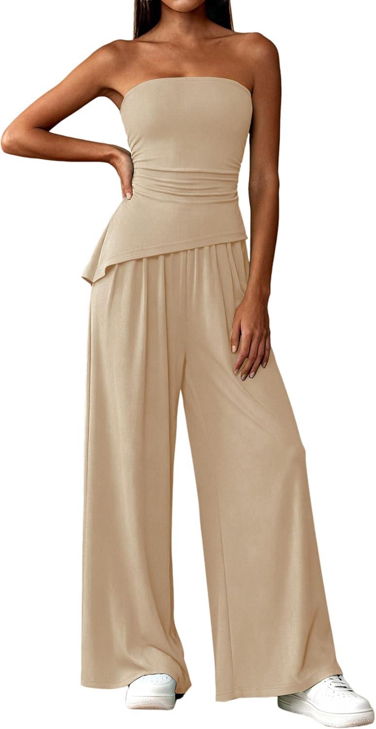 imagePRETTYGARDEN Summer Sets Women 2 Piece Outfits Asymmetrical Tube Tops and Pants Beach Vacation Airport Matching Lounge SetBeige