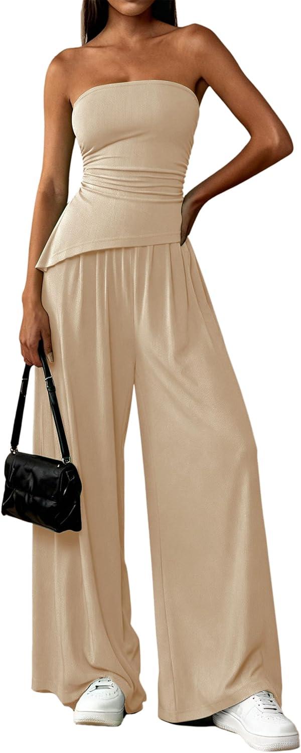 imagePRETTYGARDEN Summer Sets Women 2 Piece Outfits Asymmetrical Tube Tops and Pants Beach Vacation Airport Matching Lounge SetBeige