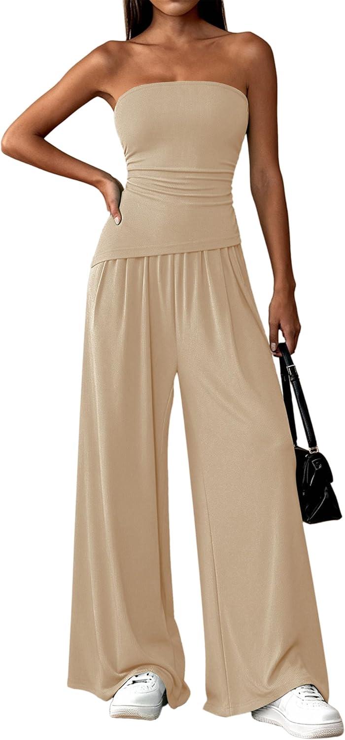 imagePRETTYGARDEN Summer Sets Women 2 Piece Outfits Asymmetrical Tube Tops and Pants Beach Vacation Airport Matching Lounge SetBeige
