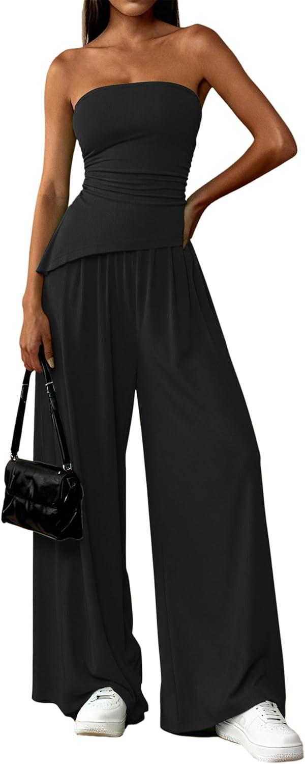 imagePRETTYGARDEN Summer Sets Women 2 Piece Outfits Asymmetrical Tube Tops and Pants Beach Vacation Airport Matching Lounge SetBlack