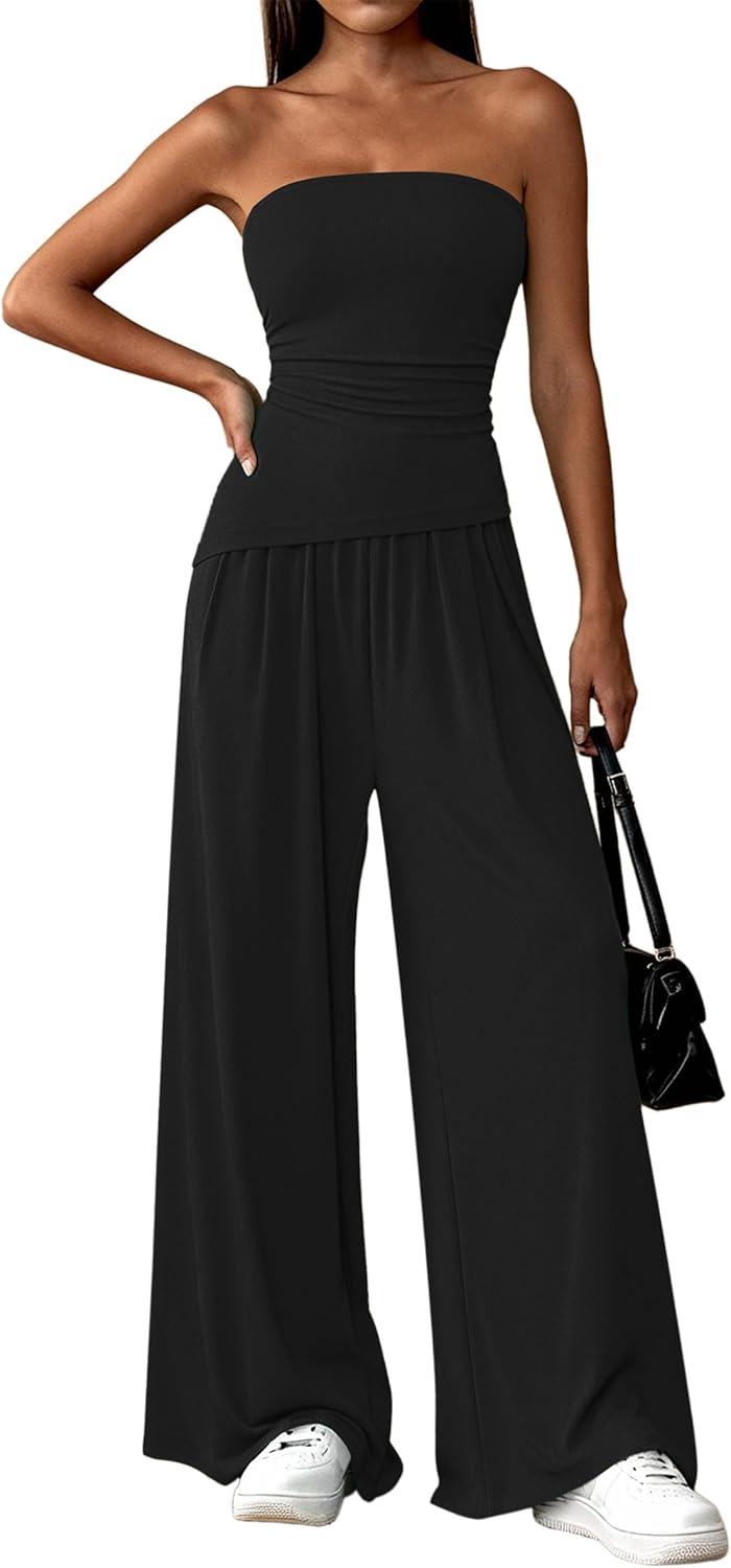 imagePRETTYGARDEN Summer Sets Women 2 Piece Outfits Asymmetrical Tube Tops and Pants Beach Vacation Airport Matching Lounge SetBlack