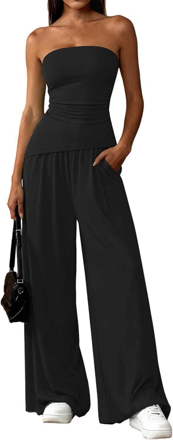 imagePRETTYGARDEN Summer Sets Women 2 Piece Outfits Asymmetrical Tube Tops and Pants Beach Vacation Airport Matching Lounge SetBlack