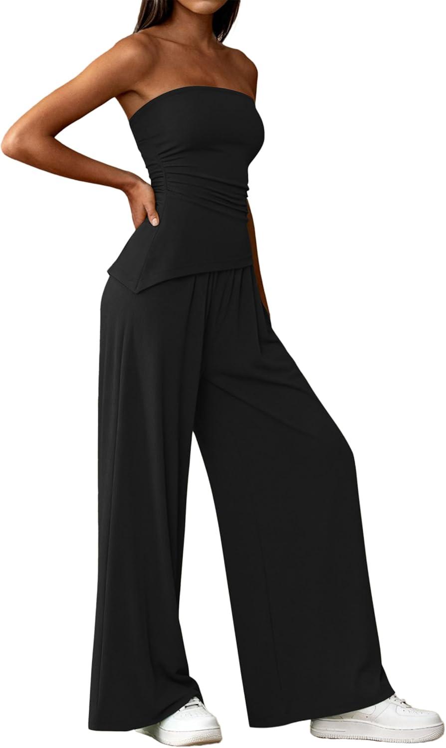imagePRETTYGARDEN Summer Sets Women 2 Piece Outfits Asymmetrical Tube Tops and Pants Beach Vacation Airport Matching Lounge SetBlack