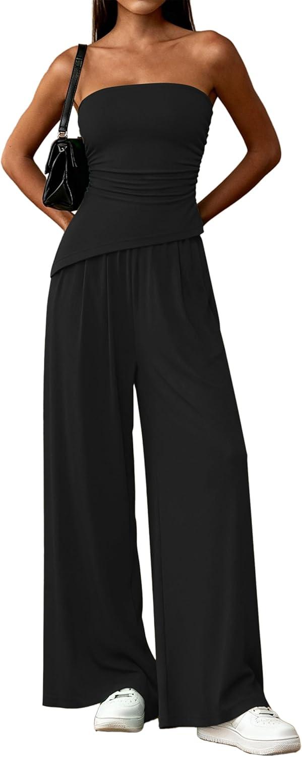 imagePRETTYGARDEN Summer Sets Women 2 Piece Outfits Asymmetrical Tube Tops and Pants Beach Vacation Airport Matching Lounge SetBlack
