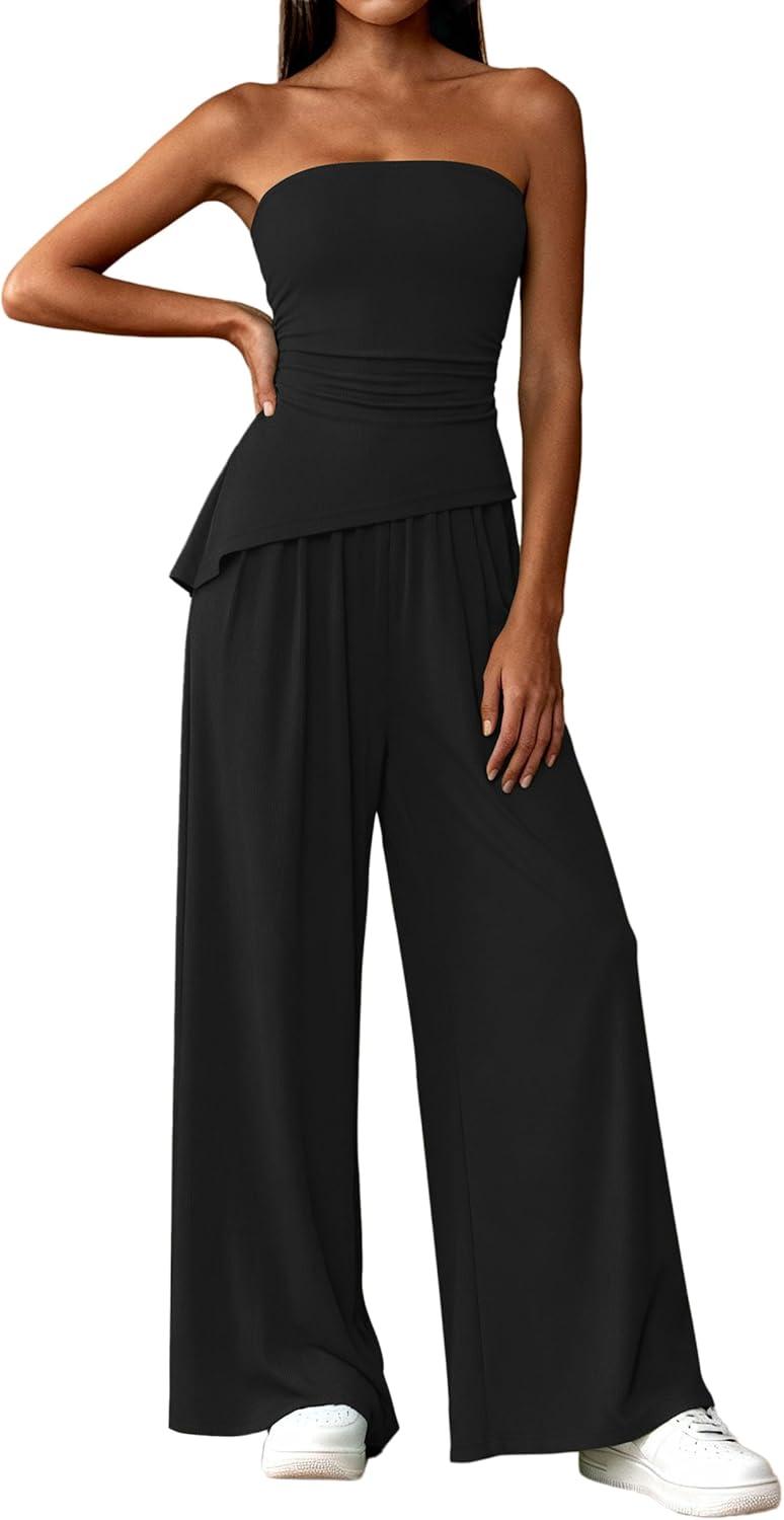 imagePRETTYGARDEN Summer Sets Women 2 Piece Outfits Asymmetrical Tube Tops and Pants Beach Vacation Airport Matching Lounge SetBlack