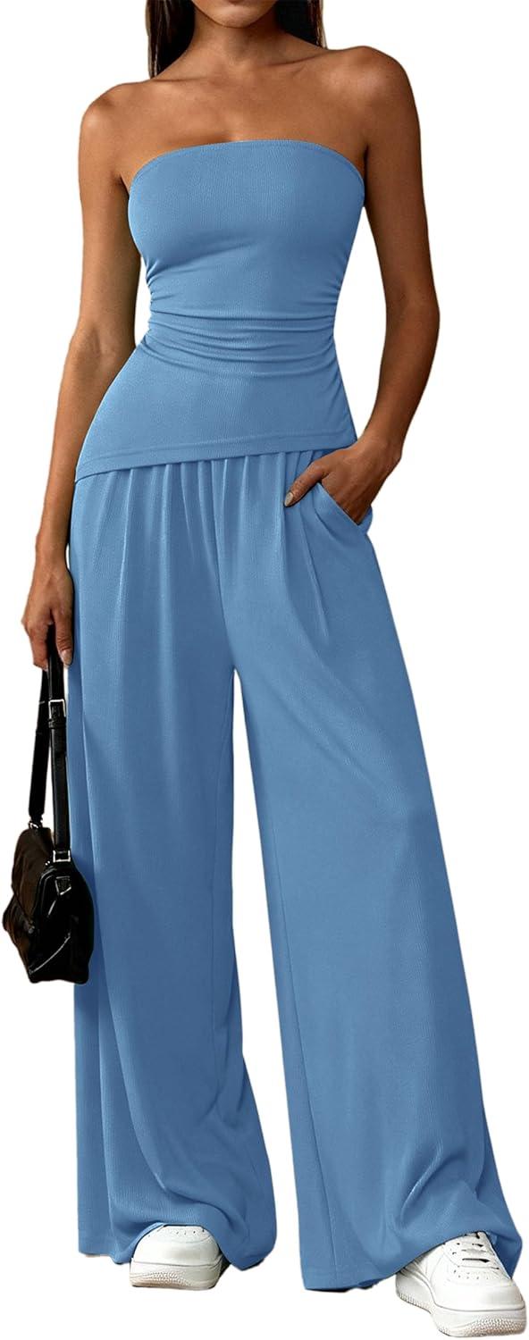 imagePRETTYGARDEN Summer Sets Women 2 Piece Outfits Asymmetrical Tube Tops and Pants Beach Vacation Airport Matching Lounge SetBlue