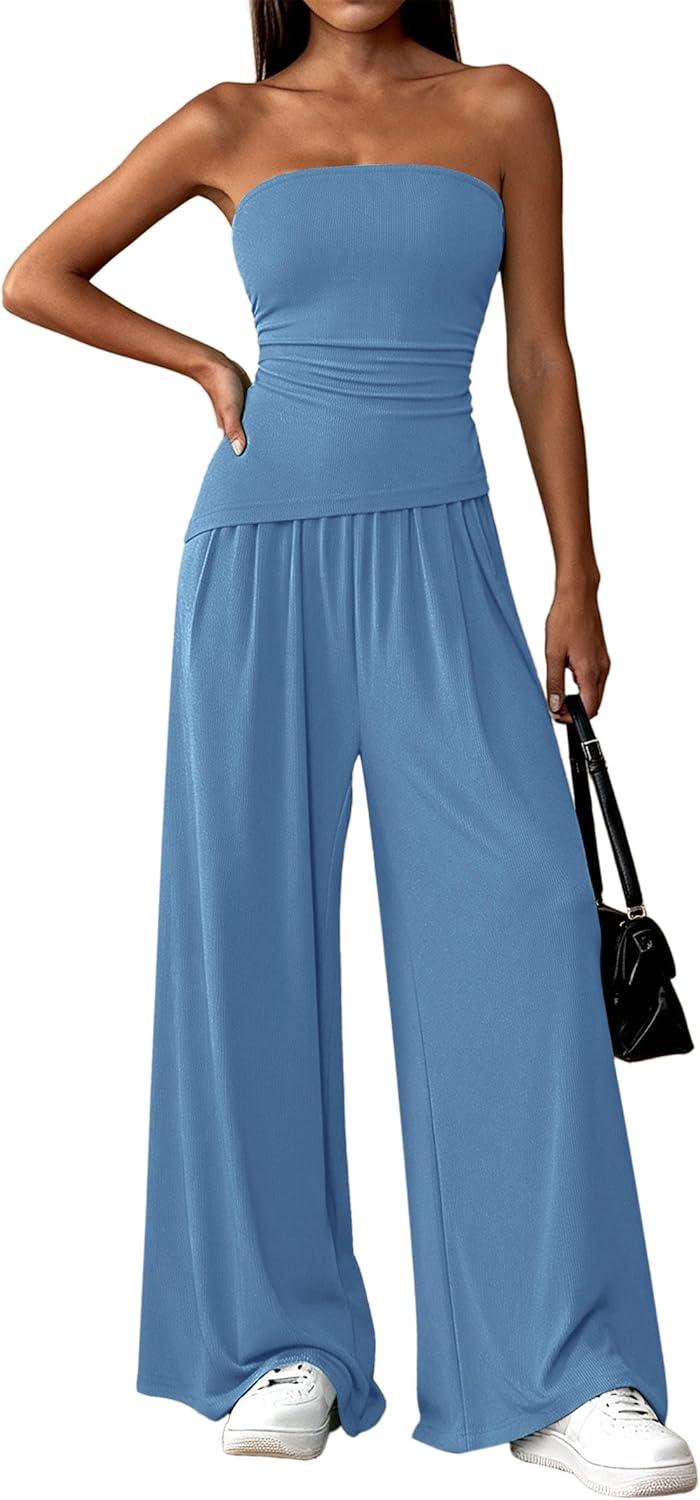 imagePRETTYGARDEN Summer Sets Women 2 Piece Outfits Asymmetrical Tube Tops and Pants Beach Vacation Airport Matching Lounge SetBlue