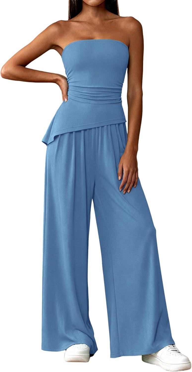 imagePRETTYGARDEN Summer Sets Women 2 Piece Outfits Asymmetrical Tube Tops and Pants Beach Vacation Airport Matching Lounge SetBlue