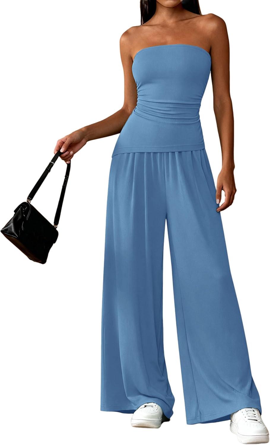 imagePRETTYGARDEN Summer Sets Women 2 Piece Outfits Asymmetrical Tube Tops and Pants Beach Vacation Airport Matching Lounge SetBlue