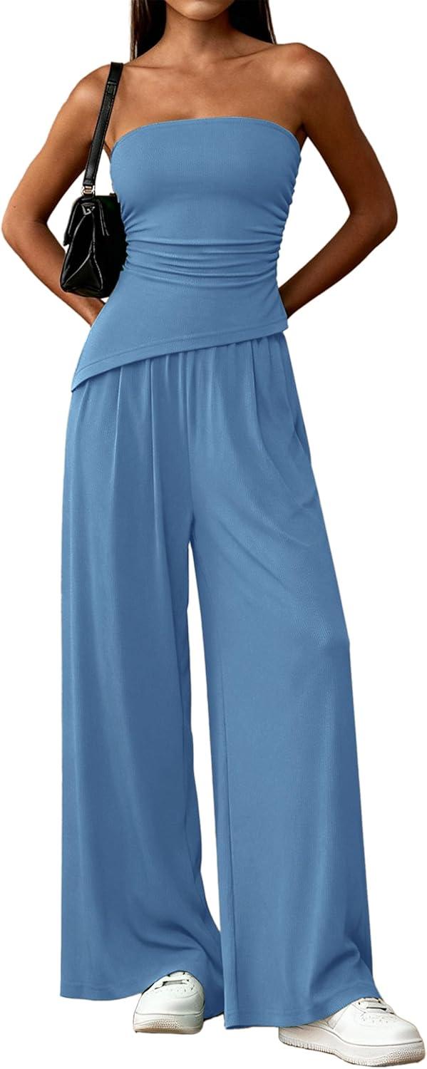 imagePRETTYGARDEN Summer Sets Women 2 Piece Outfits Asymmetrical Tube Tops and Pants Beach Vacation Airport Matching Lounge SetBlue