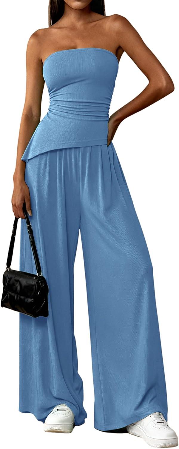 imagePRETTYGARDEN Summer Sets Women 2 Piece Outfits Asymmetrical Tube Tops and Pants Beach Vacation Airport Matching Lounge SetBlue