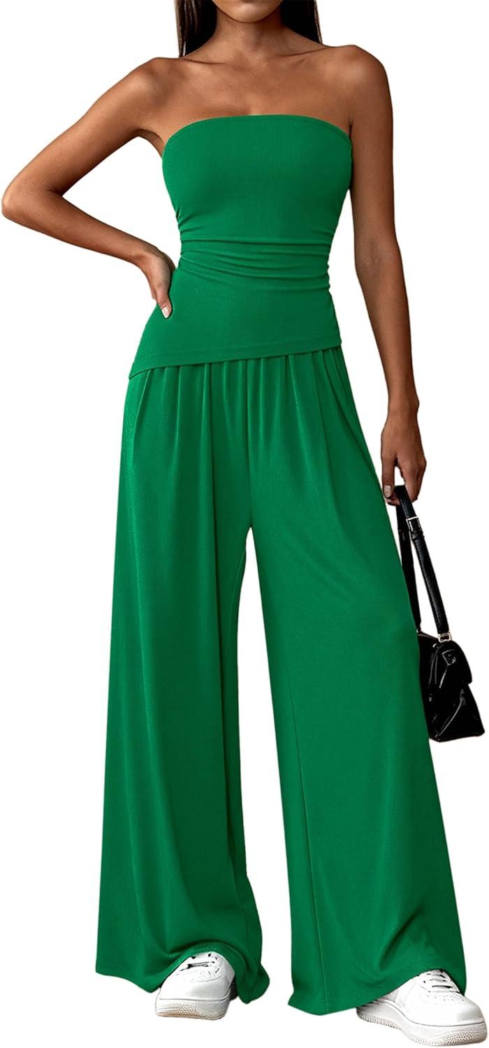 imagePRETTYGARDEN Summer Sets Women 2 Piece Outfits Asymmetrical Tube Tops and Pants Beach Vacation Airport Matching Lounge SetGreen