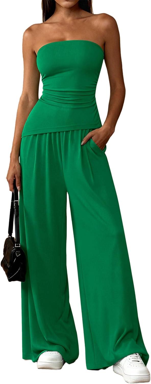 imagePRETTYGARDEN Summer Sets Women 2 Piece Outfits Asymmetrical Tube Tops and Pants Beach Vacation Airport Matching Lounge SetGreen