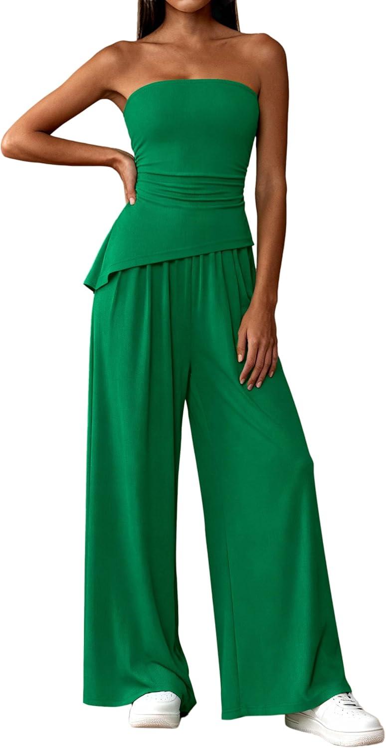 imagePRETTYGARDEN Summer Sets Women 2 Piece Outfits Asymmetrical Tube Tops and Pants Beach Vacation Airport Matching Lounge SetGreen