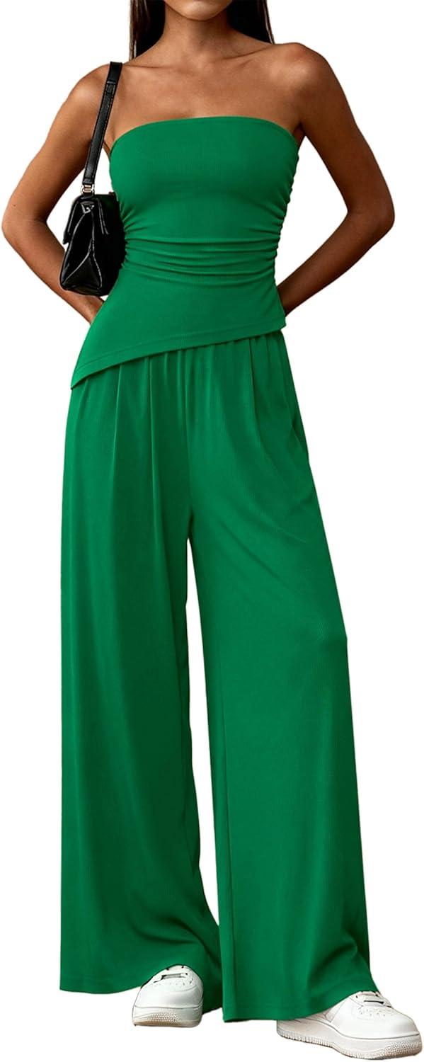imagePRETTYGARDEN Summer Sets Women 2 Piece Outfits Asymmetrical Tube Tops and Pants Beach Vacation Airport Matching Lounge SetGreen