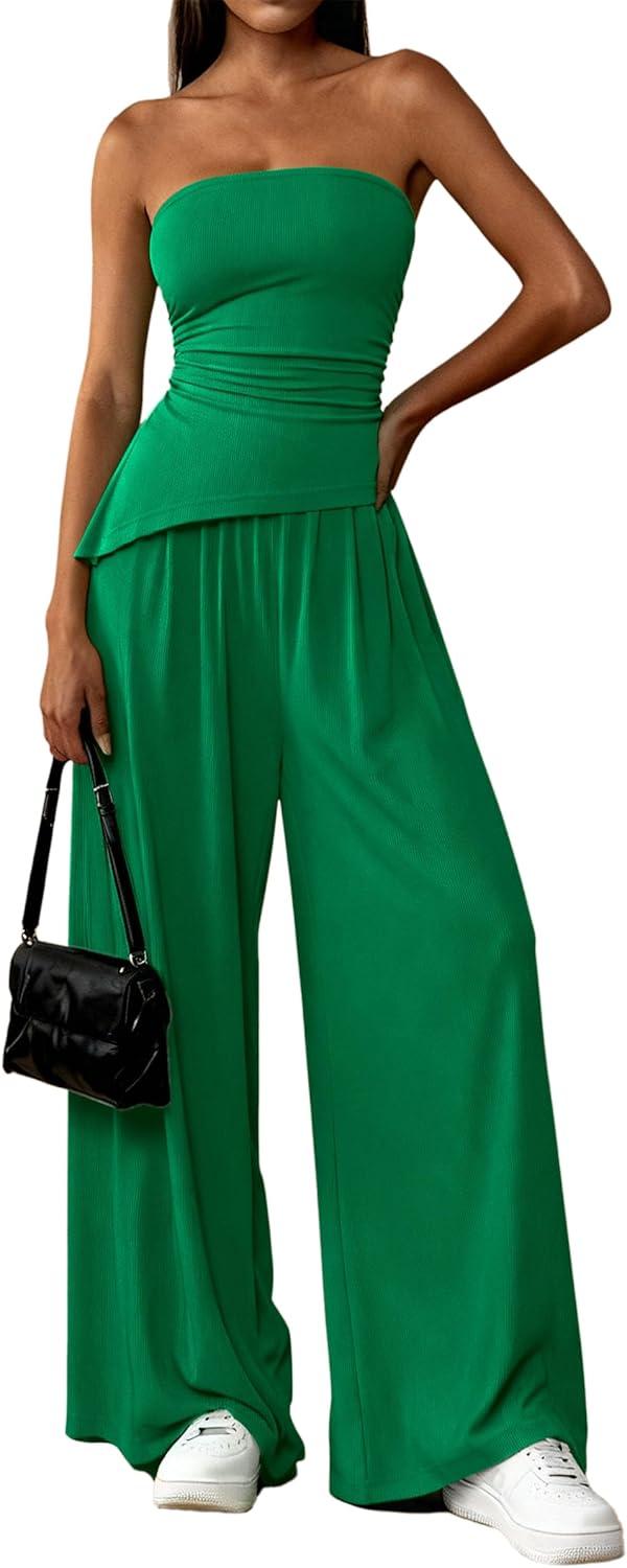imagePRETTYGARDEN Summer Sets Women 2 Piece Outfits Asymmetrical Tube Tops and Pants Beach Vacation Airport Matching Lounge SetGreen