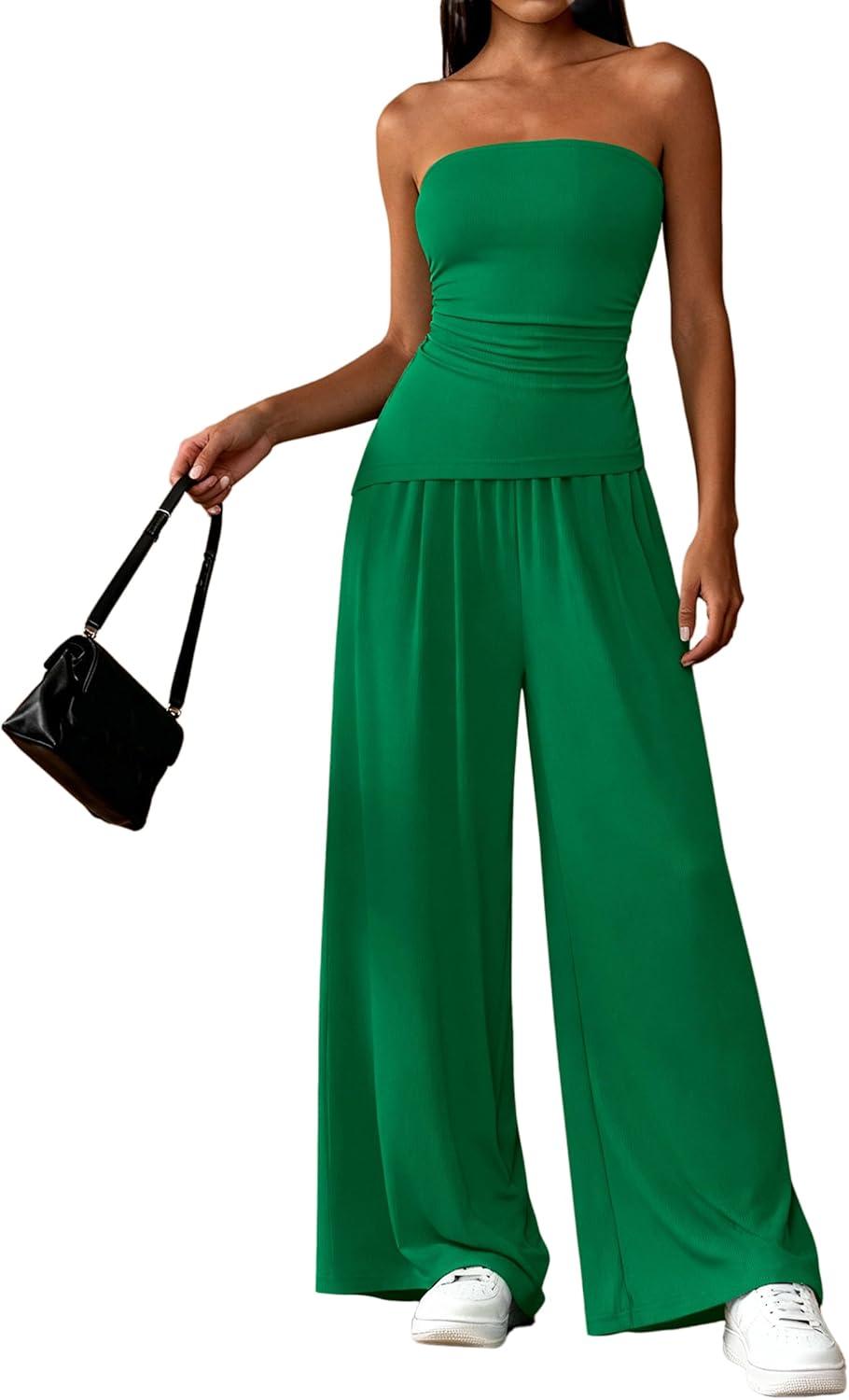 imagePRETTYGARDEN Summer Sets Women 2 Piece Outfits Asymmetrical Tube Tops and Pants Beach Vacation Airport Matching Lounge SetGreen