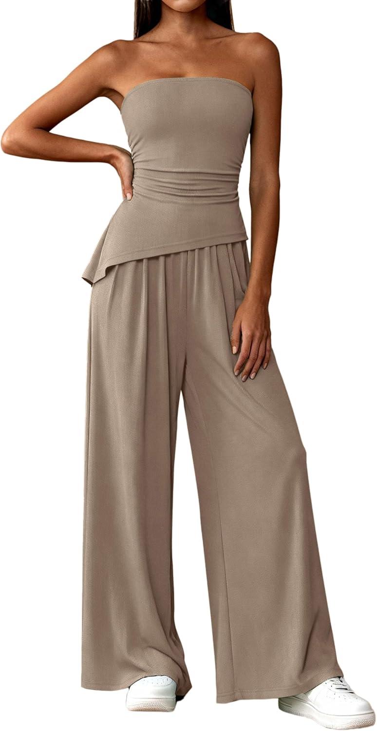 imagePRETTYGARDEN Summer Sets Women 2 Piece Outfits Asymmetrical Tube Tops and Pants Beach Vacation Airport Matching Lounge SetKhaki