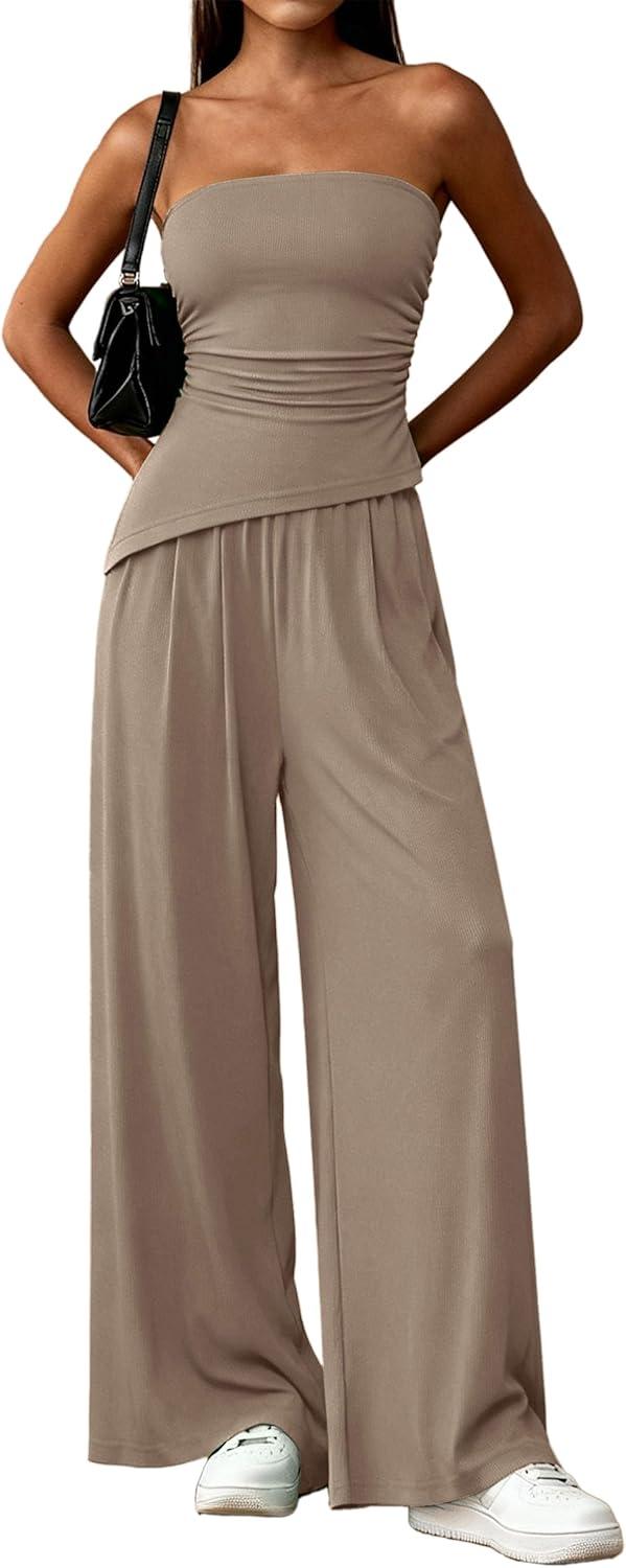 imagePRETTYGARDEN Summer Sets Women 2 Piece Outfits Asymmetrical Tube Tops and Pants Beach Vacation Airport Matching Lounge SetKhaki
