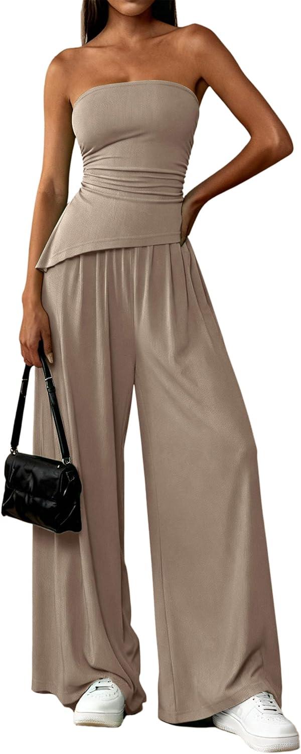 imagePRETTYGARDEN Summer Sets Women 2 Piece Outfits Asymmetrical Tube Tops and Pants Beach Vacation Airport Matching Lounge SetKhaki