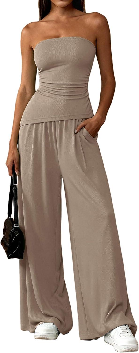 imagePRETTYGARDEN Summer Sets Women 2 Piece Outfits Asymmetrical Tube Tops and Pants Beach Vacation Airport Matching Lounge SetKhaki