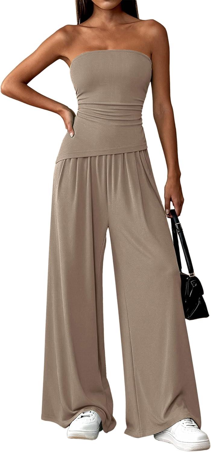 imagePRETTYGARDEN Summer Sets Women 2 Piece Outfits Asymmetrical Tube Tops and Pants Beach Vacation Airport Matching Lounge SetKhaki
