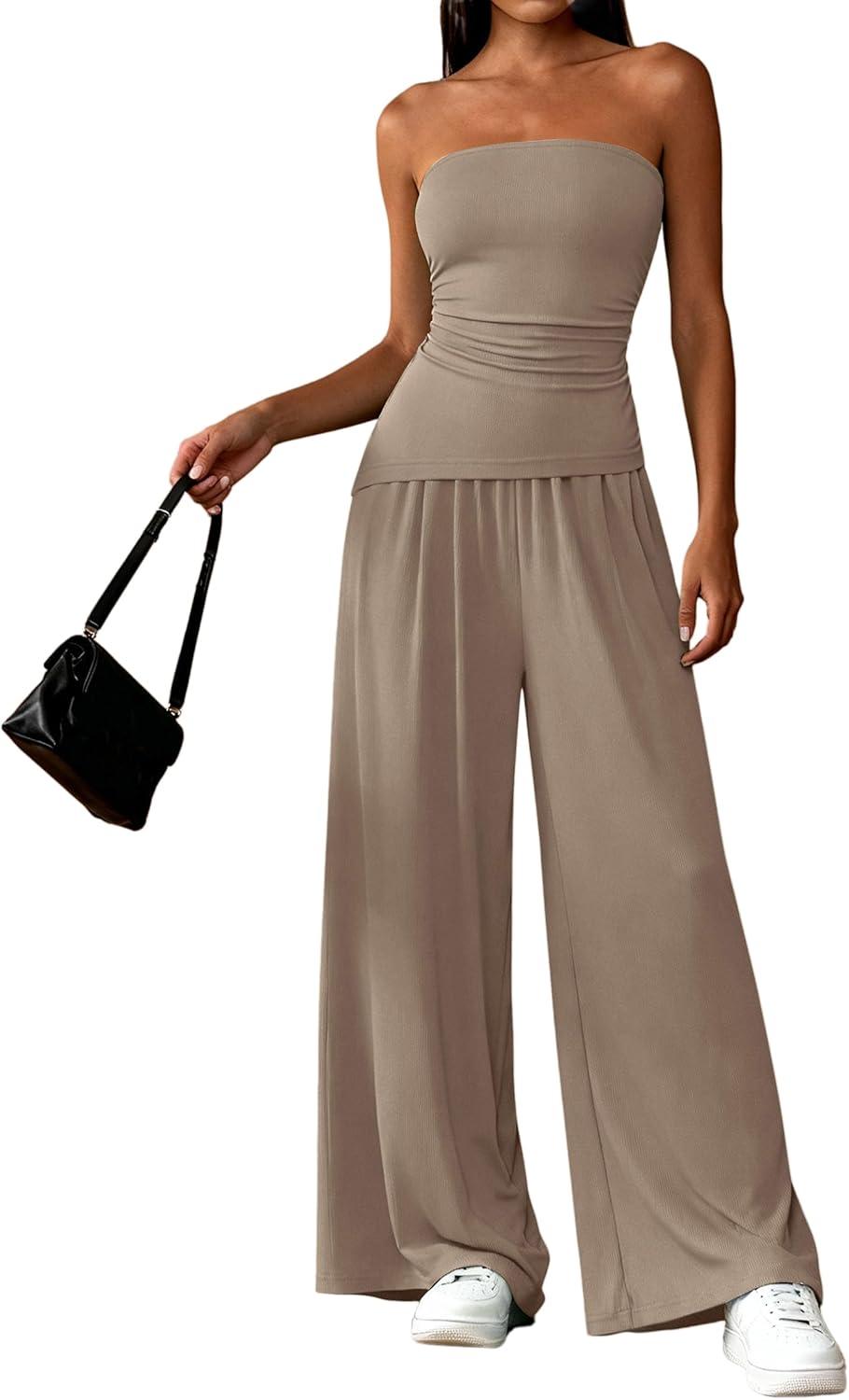 imagePRETTYGARDEN Summer Sets Women 2 Piece Outfits Asymmetrical Tube Tops and Pants Beach Vacation Airport Matching Lounge SetKhaki