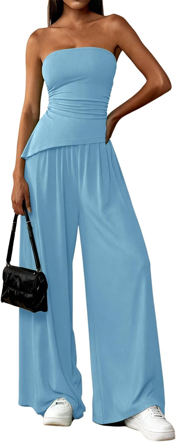 imagePRETTYGARDEN Summer Sets Women 2 Piece Outfits Asymmetrical Tube Tops and Pants Beach Vacation Airport Matching Lounge SetLight Blue