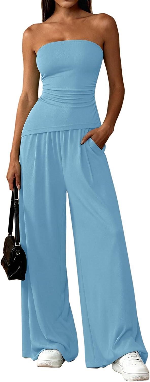 imagePRETTYGARDEN Summer Sets Women 2 Piece Outfits Asymmetrical Tube Tops and Pants Beach Vacation Airport Matching Lounge SetLight Blue
