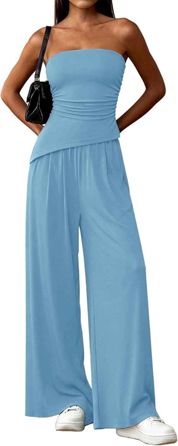 imagePRETTYGARDEN Summer Sets Women 2 Piece Outfits Asymmetrical Tube Tops and Pants Beach Vacation Airport Matching Lounge SetLight Blue