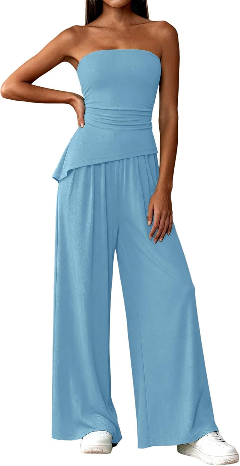 imagePRETTYGARDEN Summer Sets Women 2 Piece Outfits Asymmetrical Tube Tops and Pants Beach Vacation Airport Matching Lounge SetLight Blue