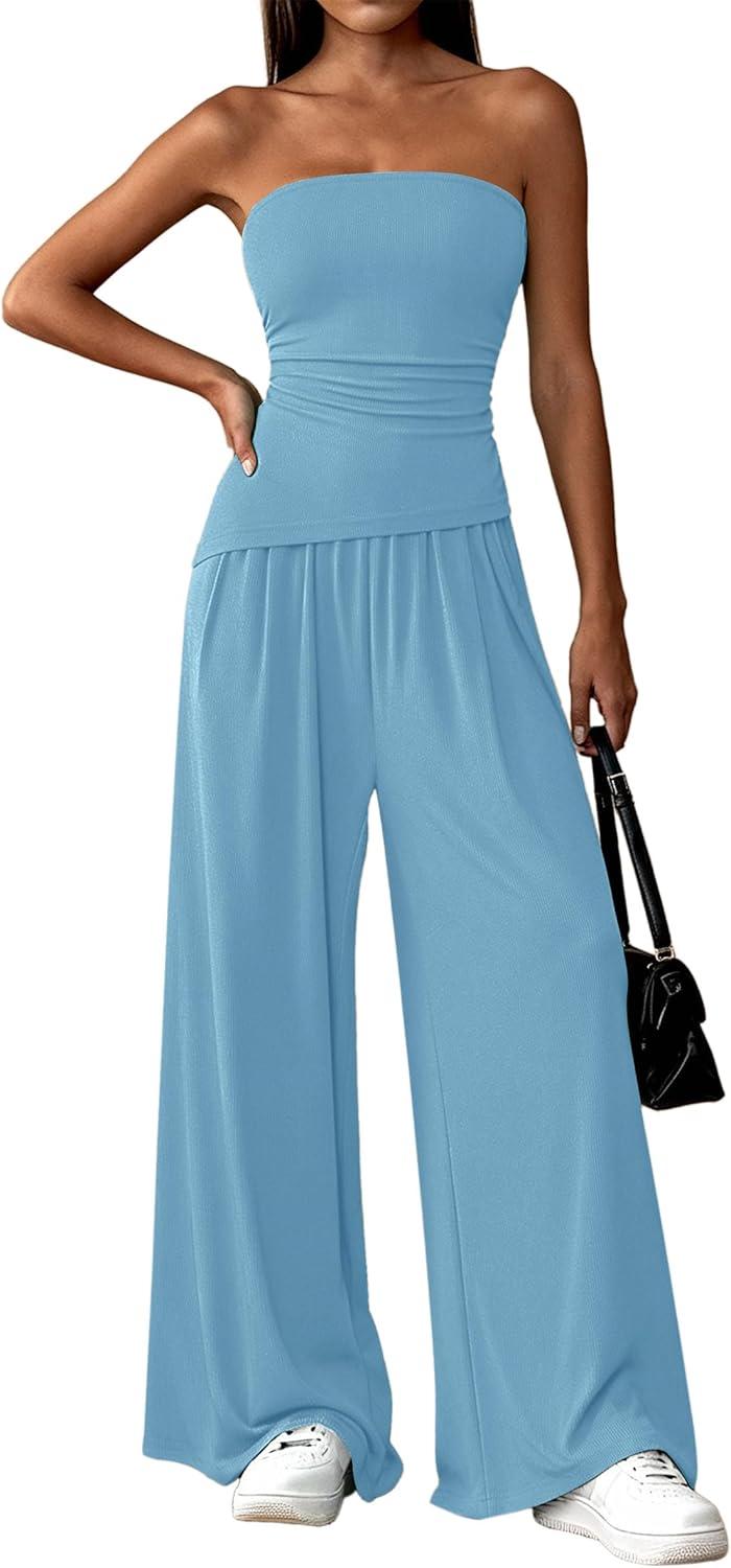 imagePRETTYGARDEN Summer Sets Women 2 Piece Outfits Asymmetrical Tube Tops and Pants Beach Vacation Airport Matching Lounge SetLight Blue